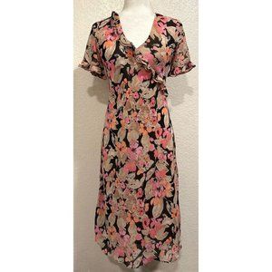 Expressions Vintage 90s Floral Tan/Pink Ruffle Dress